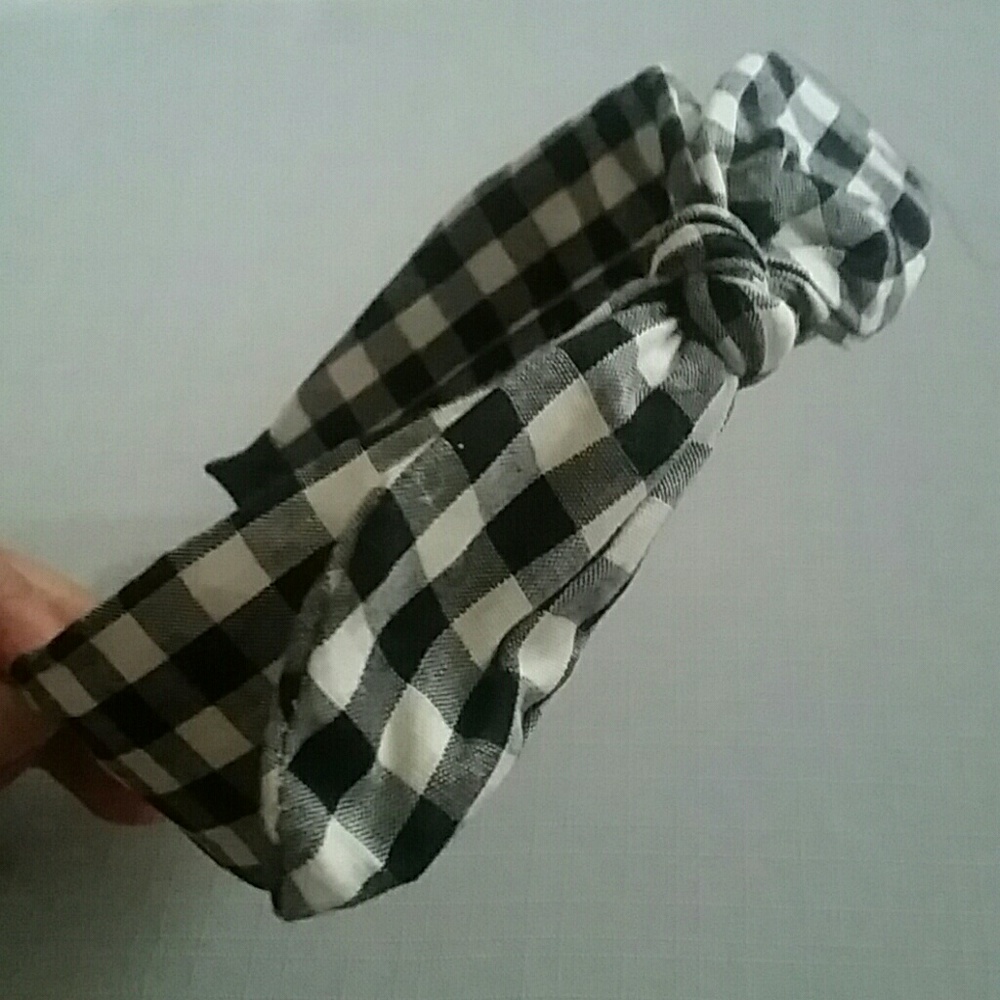 Black White Gingham Print Fabric Headband with Bow - Picture 2 of 6